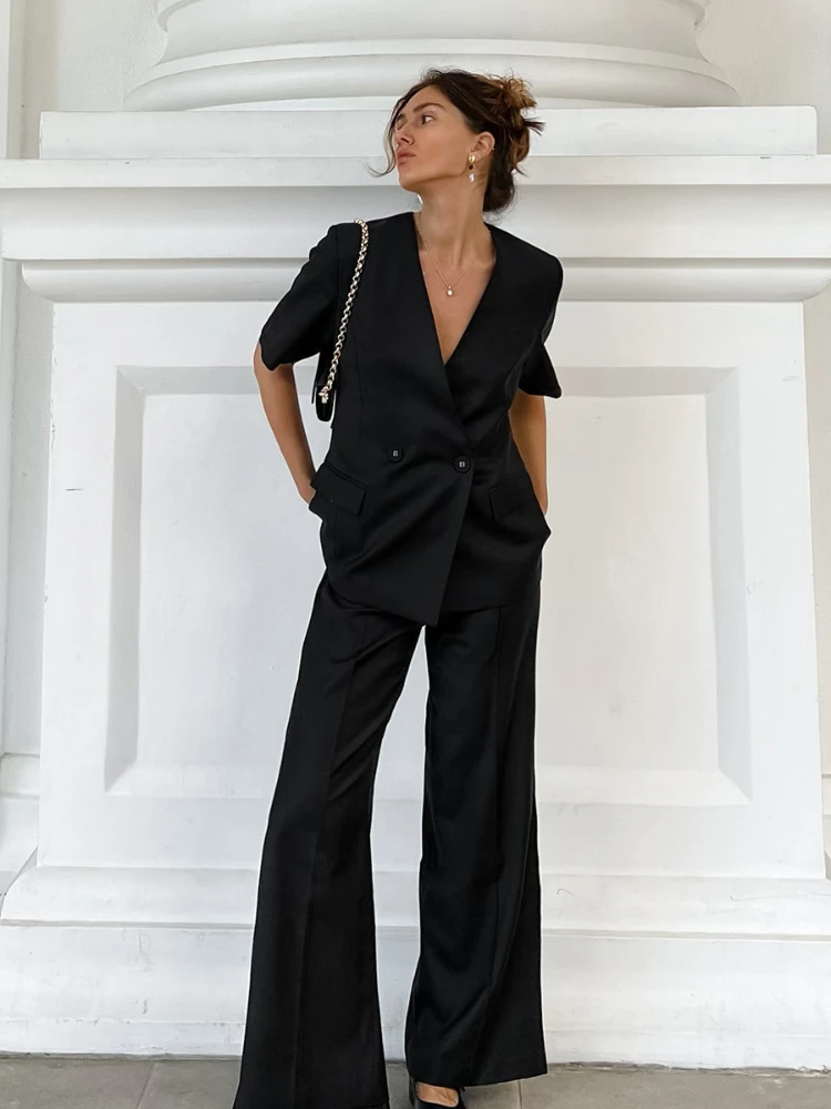 Black Short-Sleeve Top & Pants Set