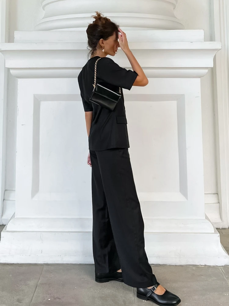 Black Short-Sleeve Top & Pants Set